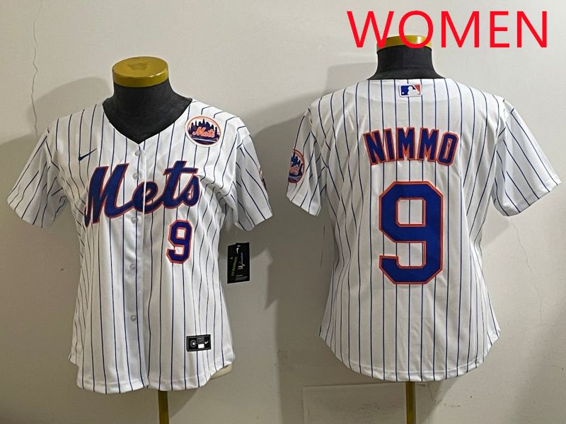 Women 2025 New York Mets #9 Nimmo White Stripe Game Nike MLB Jersey style 8->women mlb jersey->Women Jersey